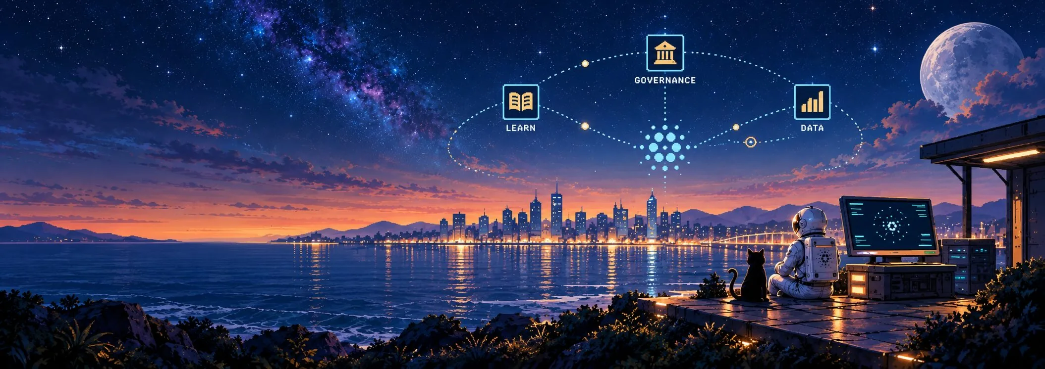 Illustration of the INDEX:80 astronaut and black cat on a night-time terrace beside an INDEX:80 workstation, overlooking a lit Cardano city and bay under a starry sky, where dotted paths link Learn, Governance and Data icons through the Cardano symbol.
