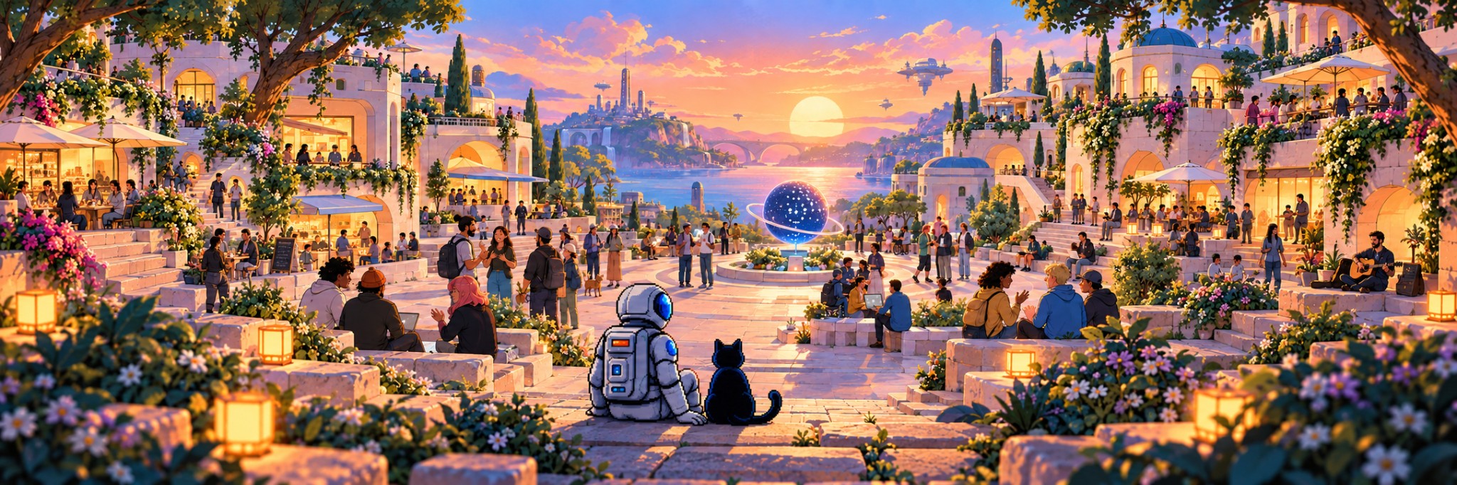 Illustration of the INDEX:80 astronaut and a black cat sitting on stone steps in a lantern-lit plaza at sunset, watching a crowd of people talking, building and making music together beside a glowing Cardano-blue globe.